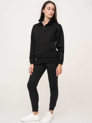 Black half zip cotton fleece tracksuit