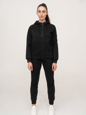 Black essential pocket cotton fleece tracksuit